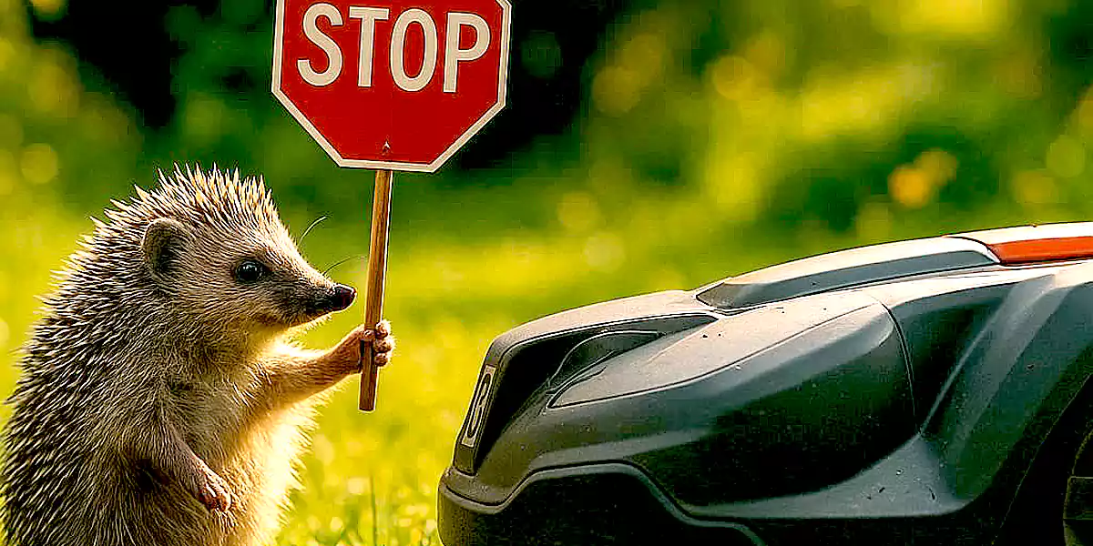Igel und Mähroboter (Foto: KI)