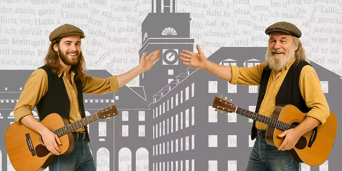 Aus dem Folk¬freak von damals wurde ein Senior mit Gitarre vor dem Wittener Rathaus. (Kollage: AI/MS)