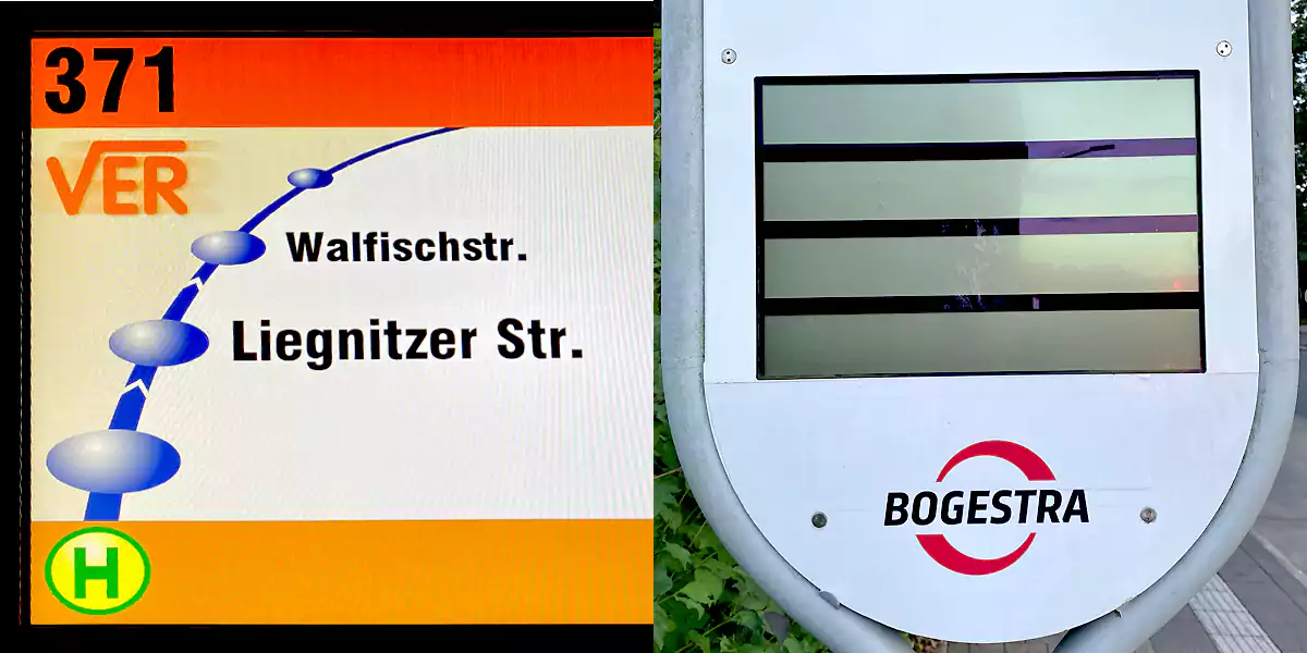 Display im Bus (l.): Der Bordrechner zeigt nur zwei von fünf Haltestellen auf dem Display an. DFI an der Haltestelle (r.) ist wochenlang defekt. (Foto: Marek Schirmer)
