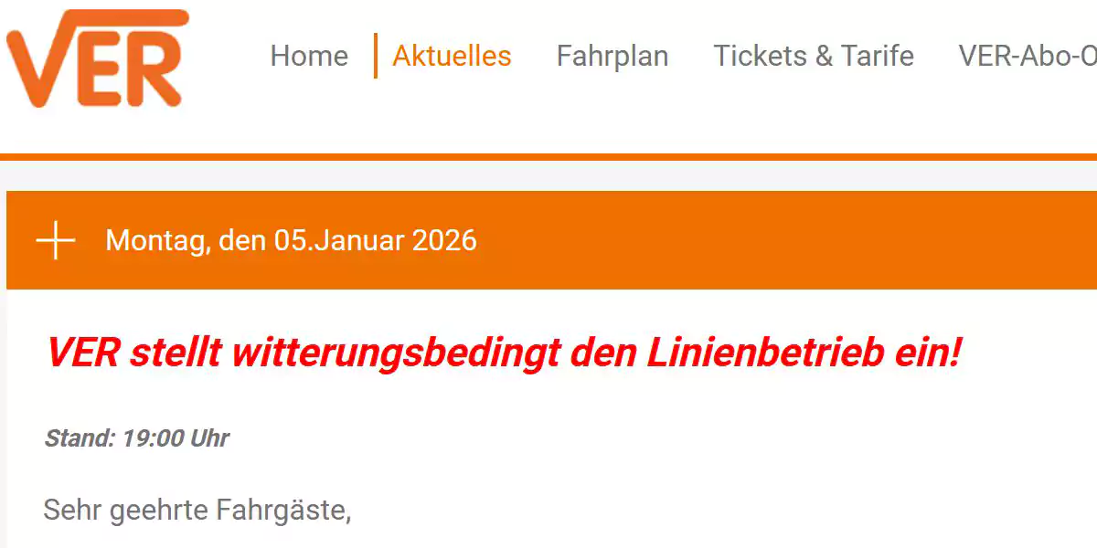 Verkehrsgesellschaft Ennepe Ruhr informiert ihre Fahrgäste über eingestellten Linienbetrieb (Schreenshot ver-kehr.de)