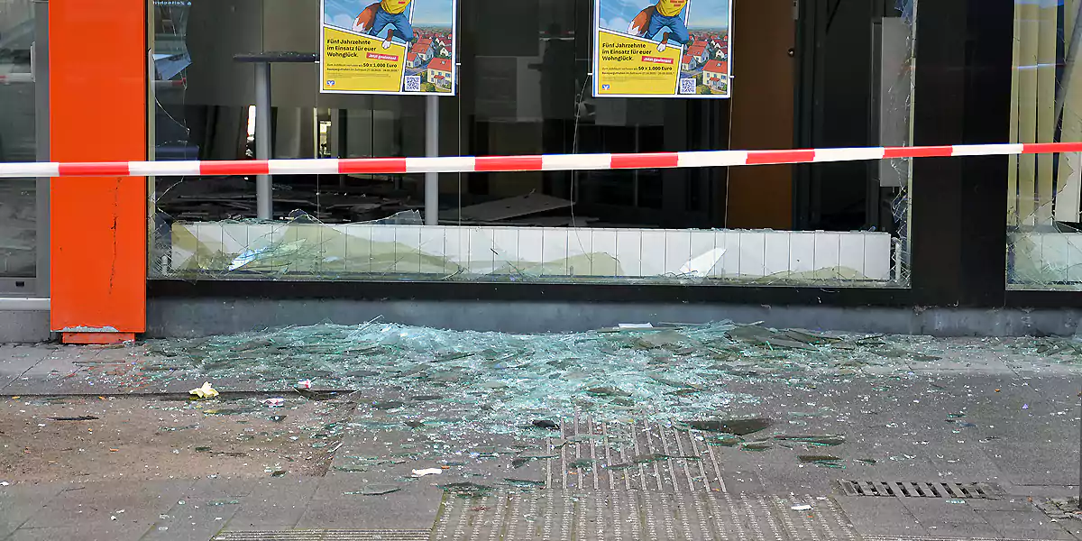 Volksbank-Filiale nach Sprengung des Geldautomaten. (Foto: Christian Lukas)