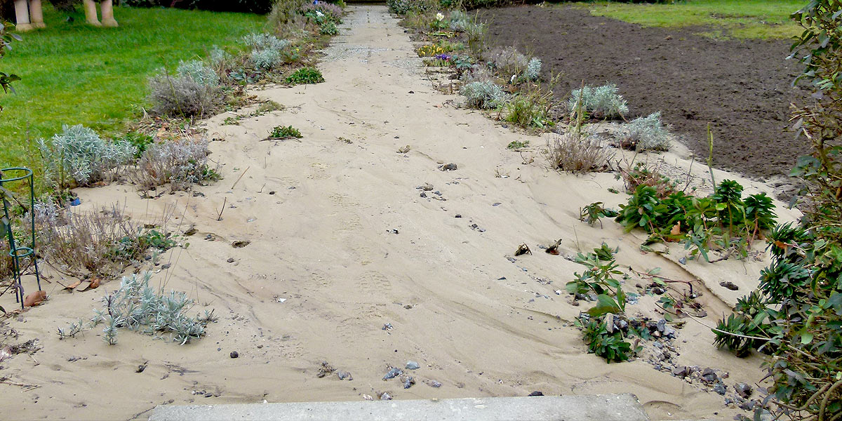Ein defektes Frischwasserrohr spülte den Sand unter dem Gehweg aus. Der Sand floss in den Garten des anliegenden Grundstücks. (Foto: Marek Schirmer)