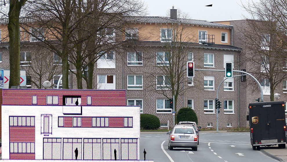 Den Unterschied zwischen öffentlich vorgestellten Entwürfen (Grafik) und Realität (Foto) können Stockumer an der Kreuzung Pferdebachstraße und Hörder Straße bewundern. (Foto: Marek Schirmer) 