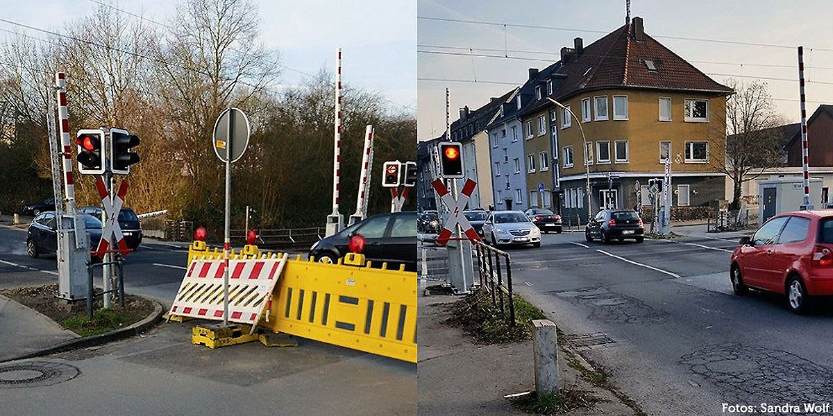 Die Anlage signalisierte ohne Grund einen ankommenden Zug. Autos passierten bei Rot den Bahnübergang Pferdebachstraße. (Fotos: Sandra Wolf)