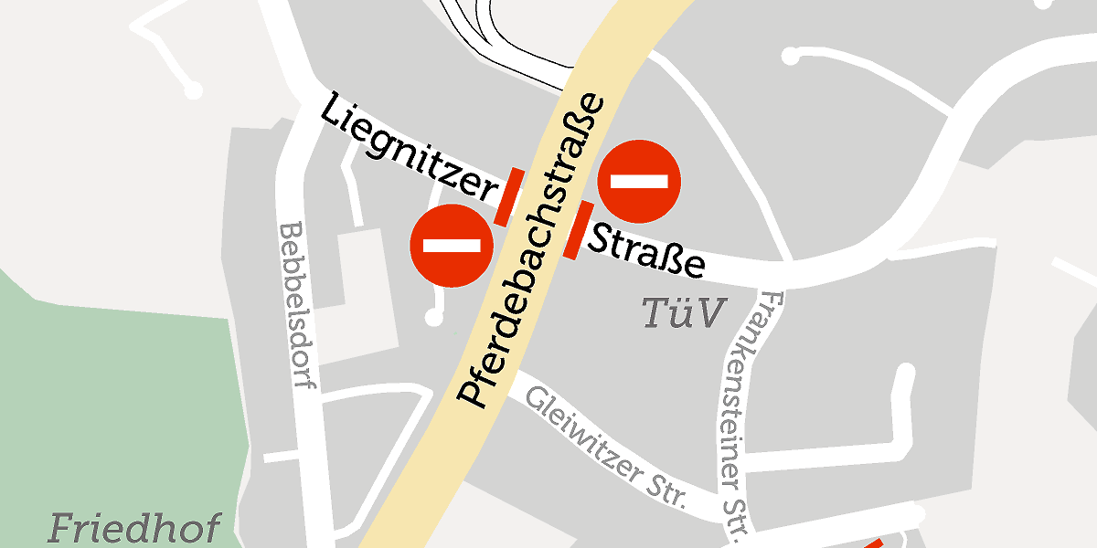 Die Einfahrt in die Liegnitzer Straße von der Pferdebachstraße wird für zwei Wochen gesperrt sein. (Karte: Marek Schirmer/Kartendaten: © OpenStreetMap-Mitwirkende)