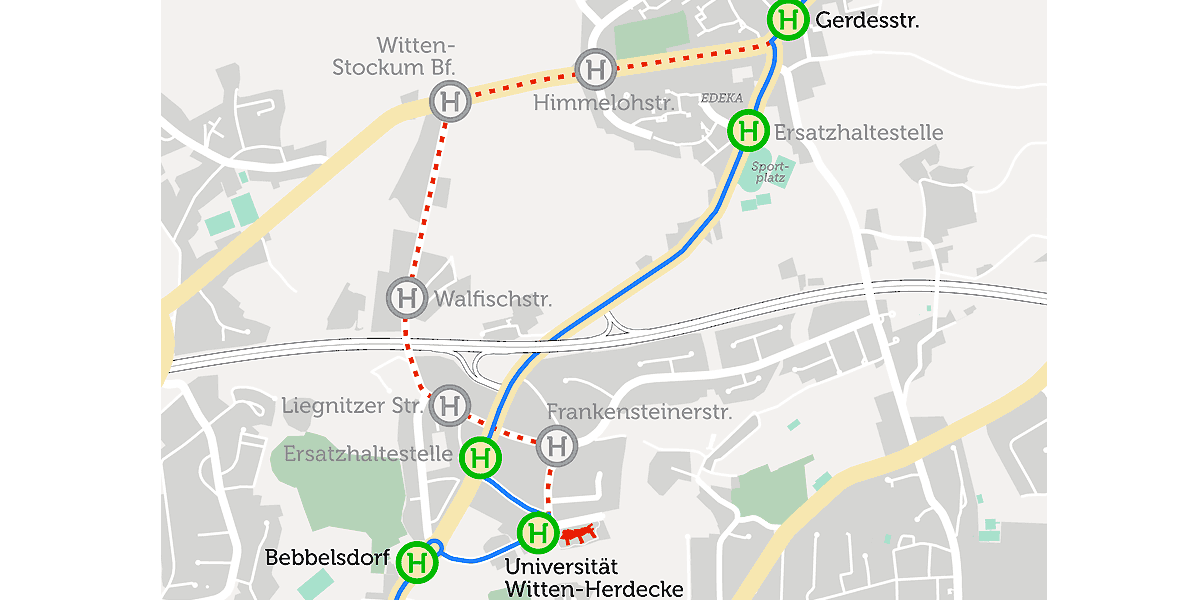 Die Buslinie 371 wird über die Pferdebachstraße umgeleitet. Fünf Haltestellen fallen weg.  (Karte: Marek Schirmer / Kartendaten: © OpenStreetMap-Mitwirkende) 