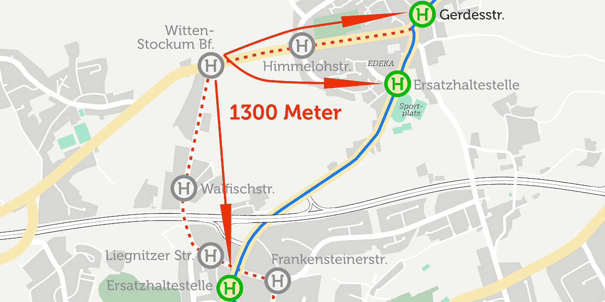 Drei Haltestellen liegen näher als die Mittelstraße und Universität Witten/Herdecke, auf die die VER verweist. Die Fahrgäste werde irregeführt durch falsche Ausschilderung der Haltestellen. (Karte: Marek Schirmer / Kartendaten: © OpenStreetMap-Mitwirkende) 