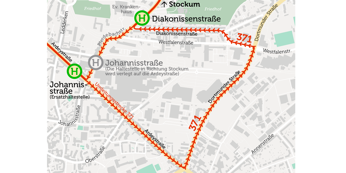 Die Buslinie 371 wird in Richtung Witten-Stockum umgeleitet. Die Haltestelle Johannisstraße wird auf die Ardeystraße verlegt. (Grafik: Marek Schirmer / Daten: © OpenStreetMap-Mitwirkende)