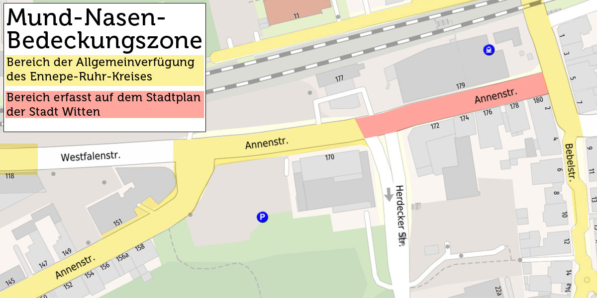 Unterschiede zwischen der Allgemeinverfügung des Ennepe-Ruhr-Kreises und den Angaben der Stadt Witten. Laut der Allgemeinverfügung erstreckt sich die Mund-Nasen-Bedeckungszone bis zur Annenstraße 170 (gelb), die Stadt Witten zeichnete die Zone bis zur Hausnummer 180 ein (rot). (Kartenmaterial: Amtlicher Stadtplan des RVR)