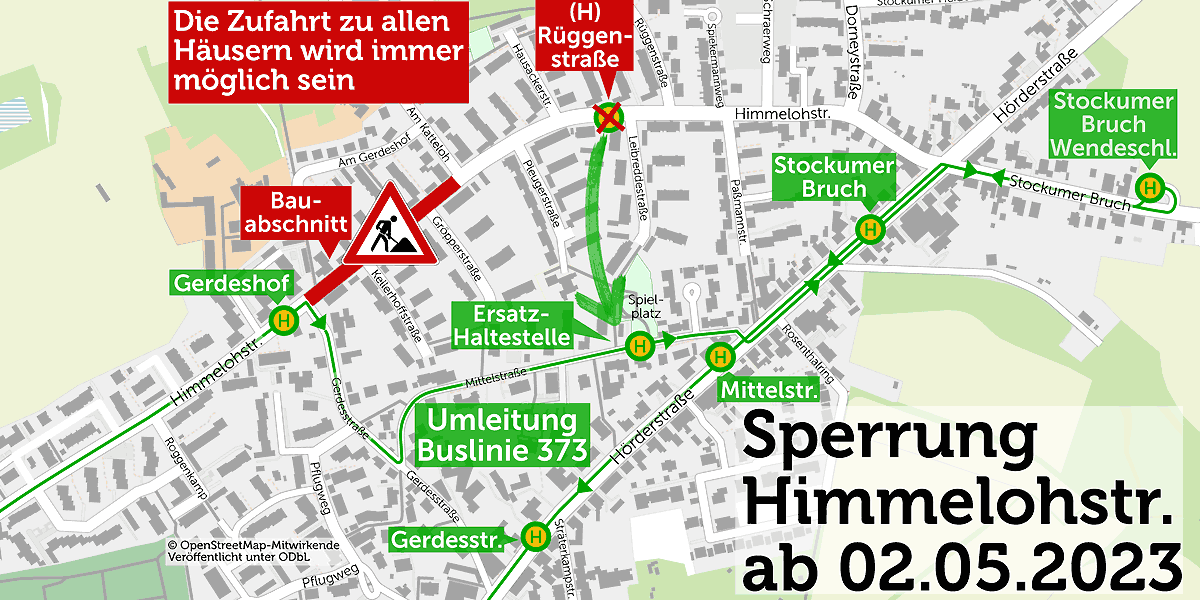 Die Himmelohstraße in Witten-Stockum wird baustellenbedingt gesperrt werden. Die Buslinie 373 wird umgeleitet. Die Karte zeigt den gesperrten Bereich und die Umleitungsstrecke der Buslinie.