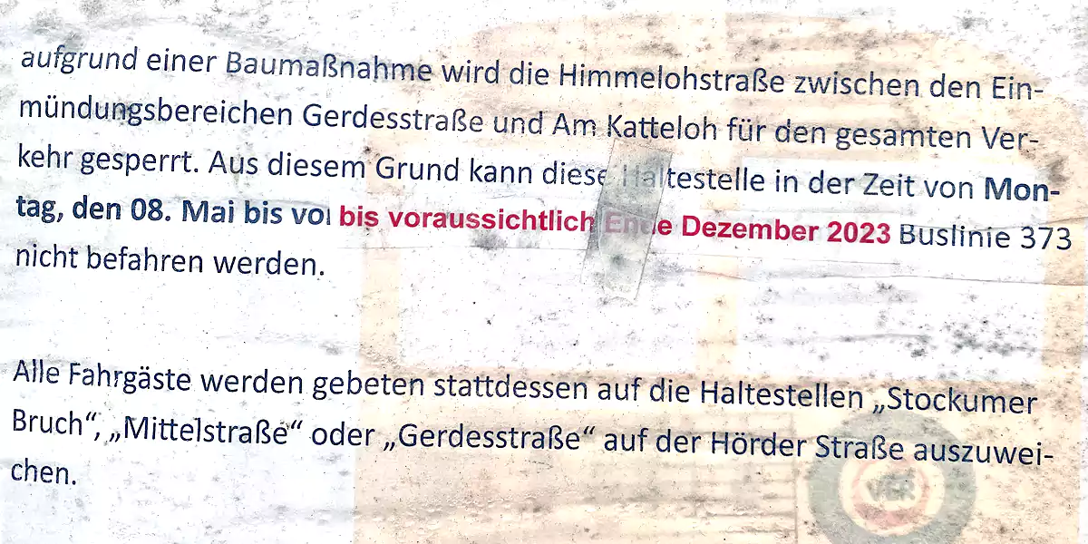 Hinweis auf ein geplantes Baustellenende in der Himmelohstraße. Auf ihrer Homepage gibt die Verkehrsgesellschaft Ennepe Ruhr als neuen Termin „Ende: bis auf Weiteres“ an. (Foto: Marek Schirmer)