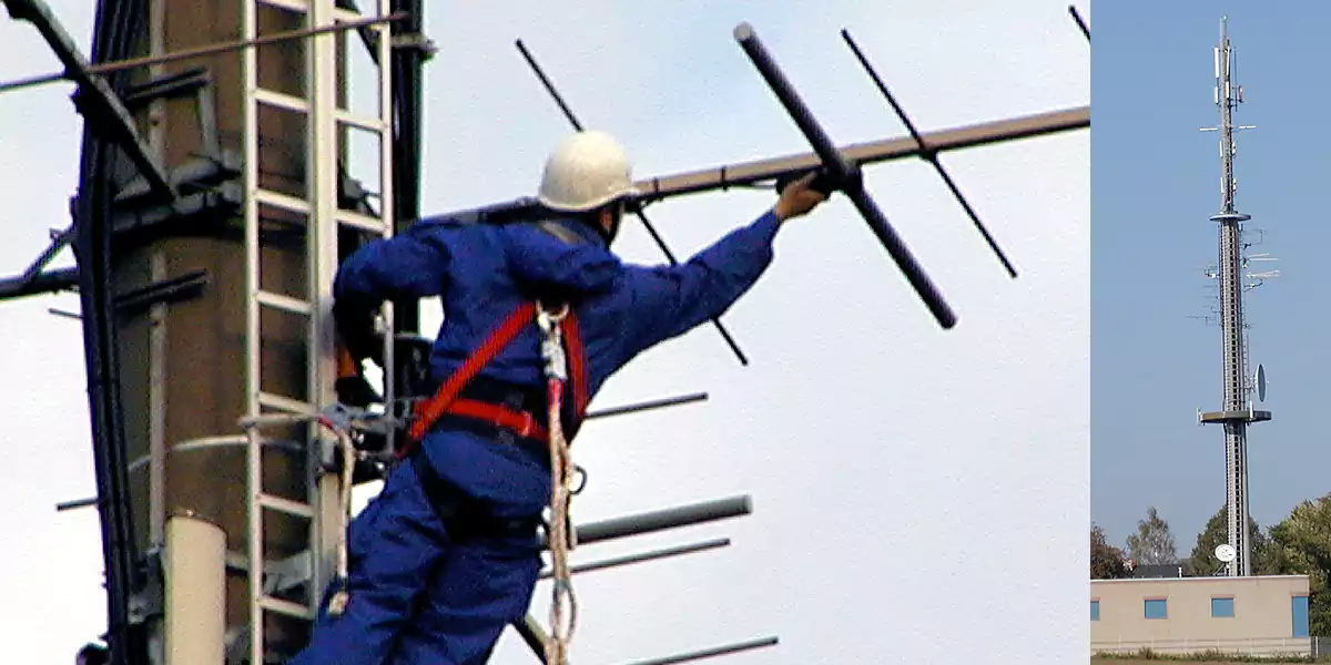 Vom Stockumer Funkturm kommt das Signal von Radio Ennepe Ruhr in die Wittener Haushalte. In 40 Meter Höhe hängt die Antenne am Heuweg und wird regelmäßig durch Techniker gewartet. (Foto: MS/Archiv)
