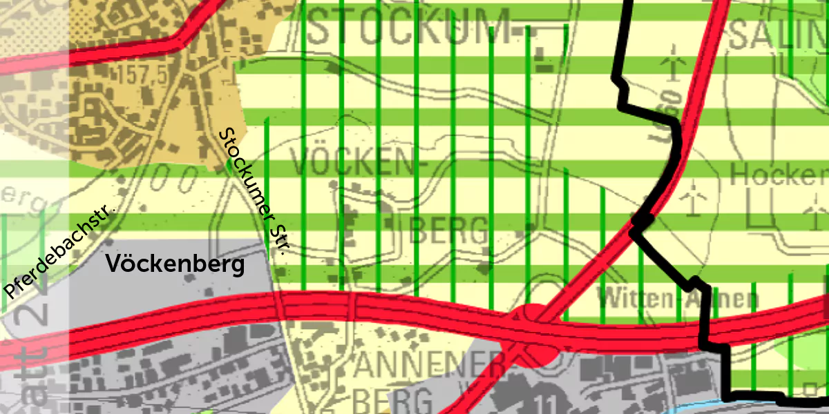 Im Regionalplan Ruhr werden Flächen einer bestimmten Nutzung zugewiesen. In Stockum ändert sich die Zuordnung im Vöckenberg. Auf den jetzigen Ackerflächen kann Gewerbe- und Industrie angesiedelt werden. (Grafik: RVR)