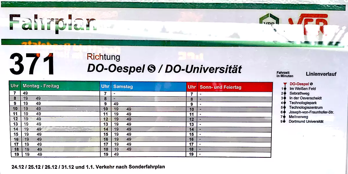 Fahrplanaushänge zwischen den Haltestellen „DO-Oespel S“ und „DO-Universität S“ zeigen falsche „Richtung“ an. (Foto: M. Schirmer)