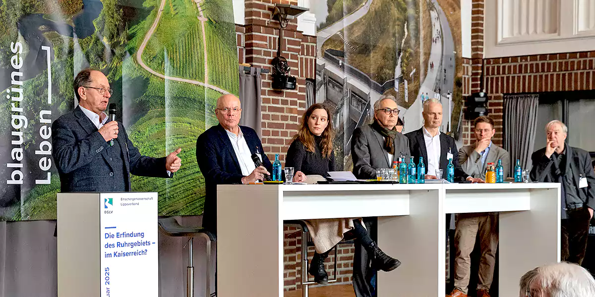 Historiker diskutieren über die Thesen aus dem Buch „Die Macht der Entwässerung – die Emschergenossenschaft und die Erfindung des Ruhrgebietes“. (Foto: Stephan Tuschy/EGLV)
