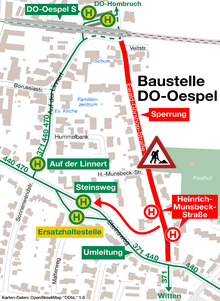 Baustelle am Steinsweg in Dortmund. Busse werden umgeleitet. (Karte: M. Schirmer)