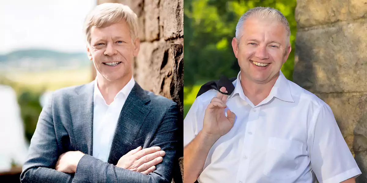 Lars König von der CDU (l.) und Dirk Leistner von der SPD (r.) kämpfen in der Stichwahl gegeneinander um das Bürgermeisteramt. (Fotos der Kandidaten)